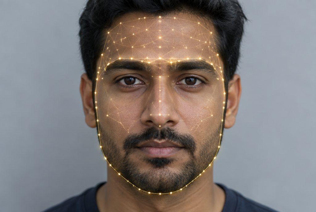 Close-up of an Indian man's face with a golden facial-landmark mesh highlighting the mid-forehead, brow ridge, face outline and jaw — the four features of the Karma (career) seat in classical face reading