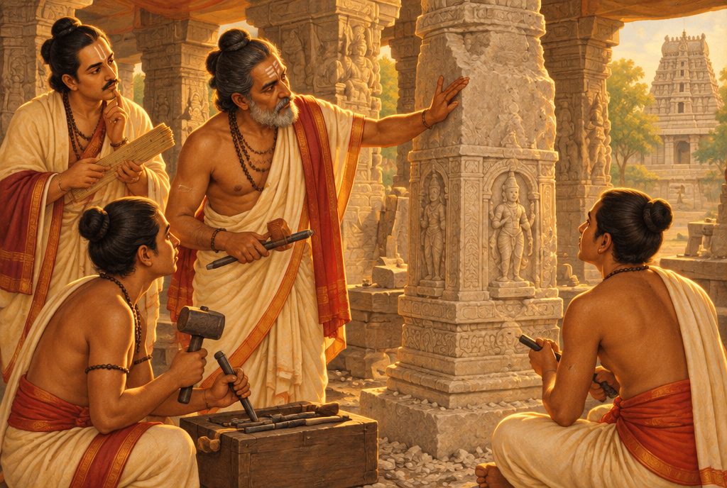 Indian miniature-style painting of a master stone-carver directing apprentices at a temple pillar while a scholar with a palm-leaf manuscript studies his forehead and jaw