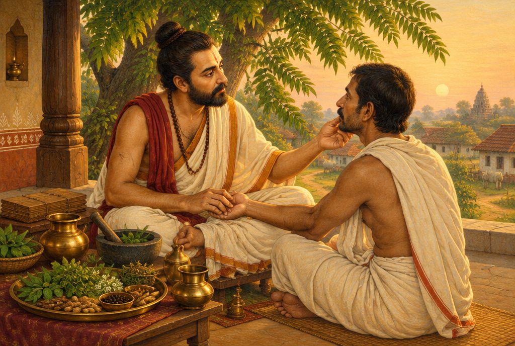 Indian miniature-style painting of a village vaidya on a veranda at dawn holding a patient's wrist and studying his face, herbs and brass vessels beside them