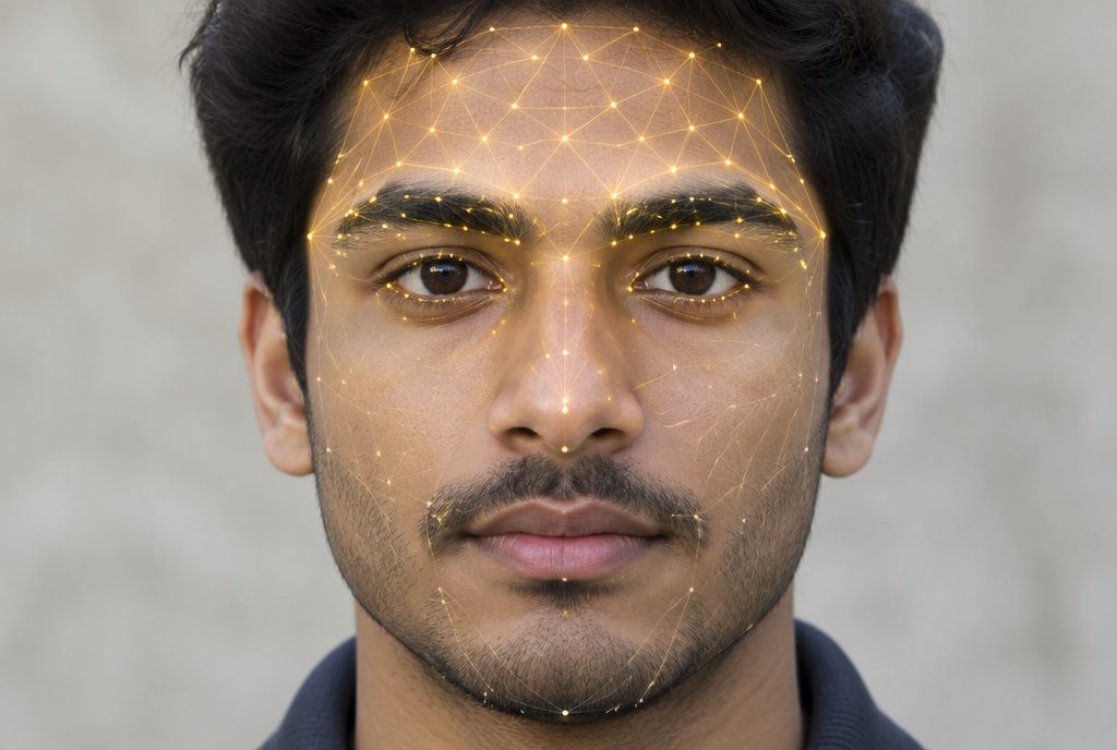 Close-up of a young Indian man's face with a golden facial-landmark mesh highlighting the height of the forehead, the tails of the eyebrows and the set of the eyes — the Buddhi (intelligence) seat