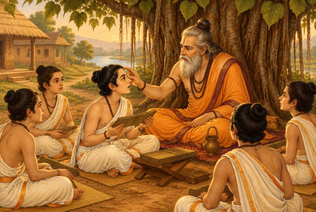 Indian miniature-style painting of a young student reciting from a palm-leaf manuscript under a banyan tree while the guru studies his forehead and eyes