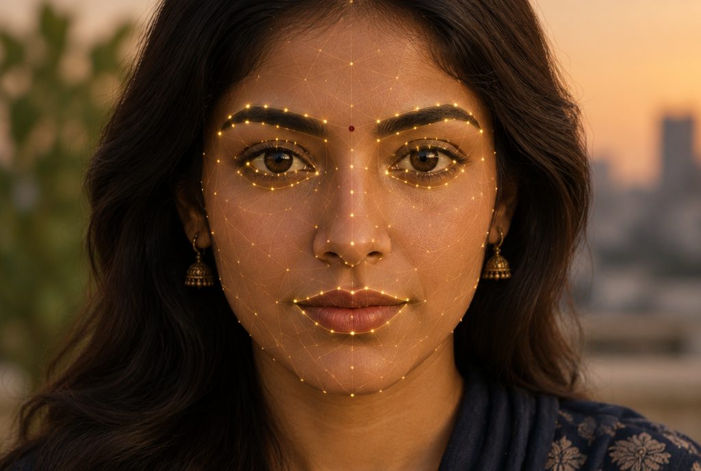 Close-up of an Indian woman's face with a golden facial-landmark mesh highlighting the opening of the eyes, the arch of the eyebrows and the outline of the lips — the Kāma (love) seat in classical face reading