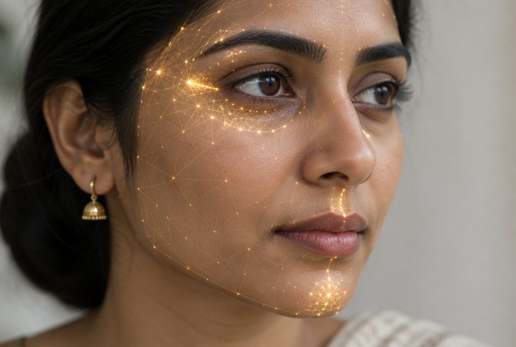 Close-up of an Indian woman's face with a golden facial-landmark mesh highlighting the outer eye corner, under-eye area, philtrum, chin and temples — the five features of the Kalatra (marriage) seat