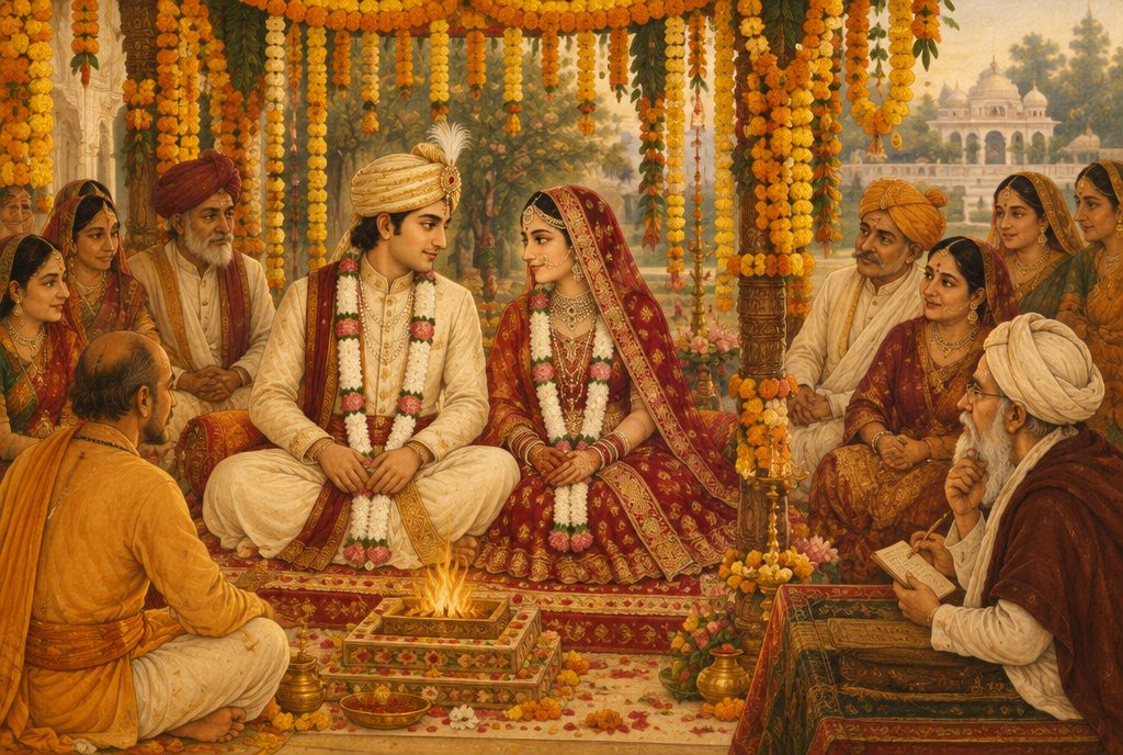 Indian miniature-style painting of a bride and groom under a marigold canopy with elders gathered and a scholar reading the couple's faces — the classical use of Samudrika Shastra before a rishta