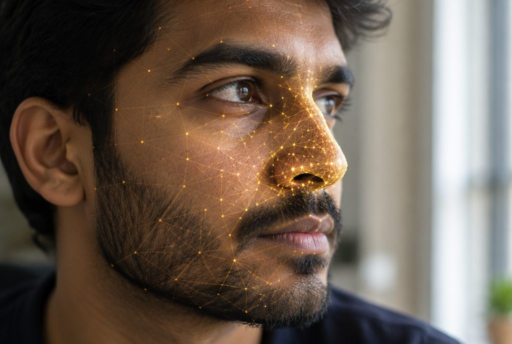 Close-up of an Indian man's face with a golden facial-landmark mesh highlighting the nose bridge, nostrils, nose tip and cheeks — the four features of the Dhana (wealth) seat in Samudrika Shastra