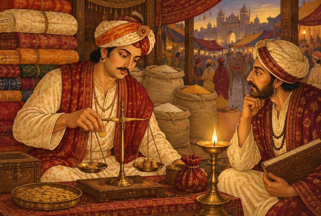 Indian miniature-style painting of a bazaar merchant weighing coins on a brass balance while a scholar reads his face by lamplight — the Bṛhat Saṃhitā's wealth readings were written for traders and artisans